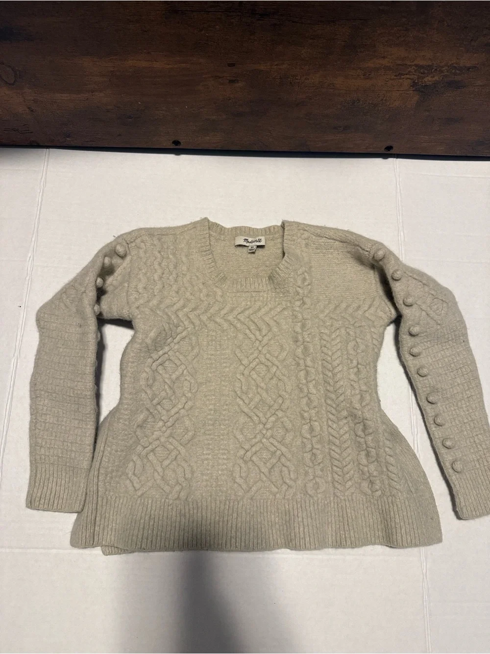 Madewell Cream Cable-Knit Crewneck Sweater with Button-Sleeve Detail